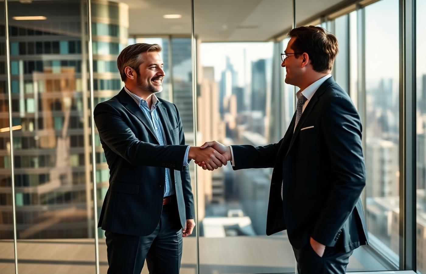 Two entrepreneurs shaking hands in a modern Canadian boardroom