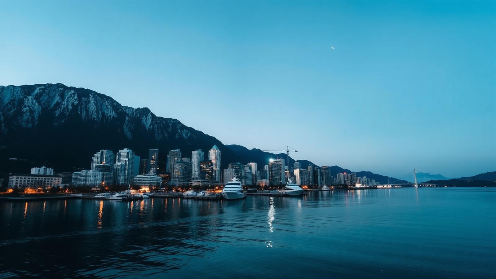 Canadian waterfront skyline with mountains at blue hour