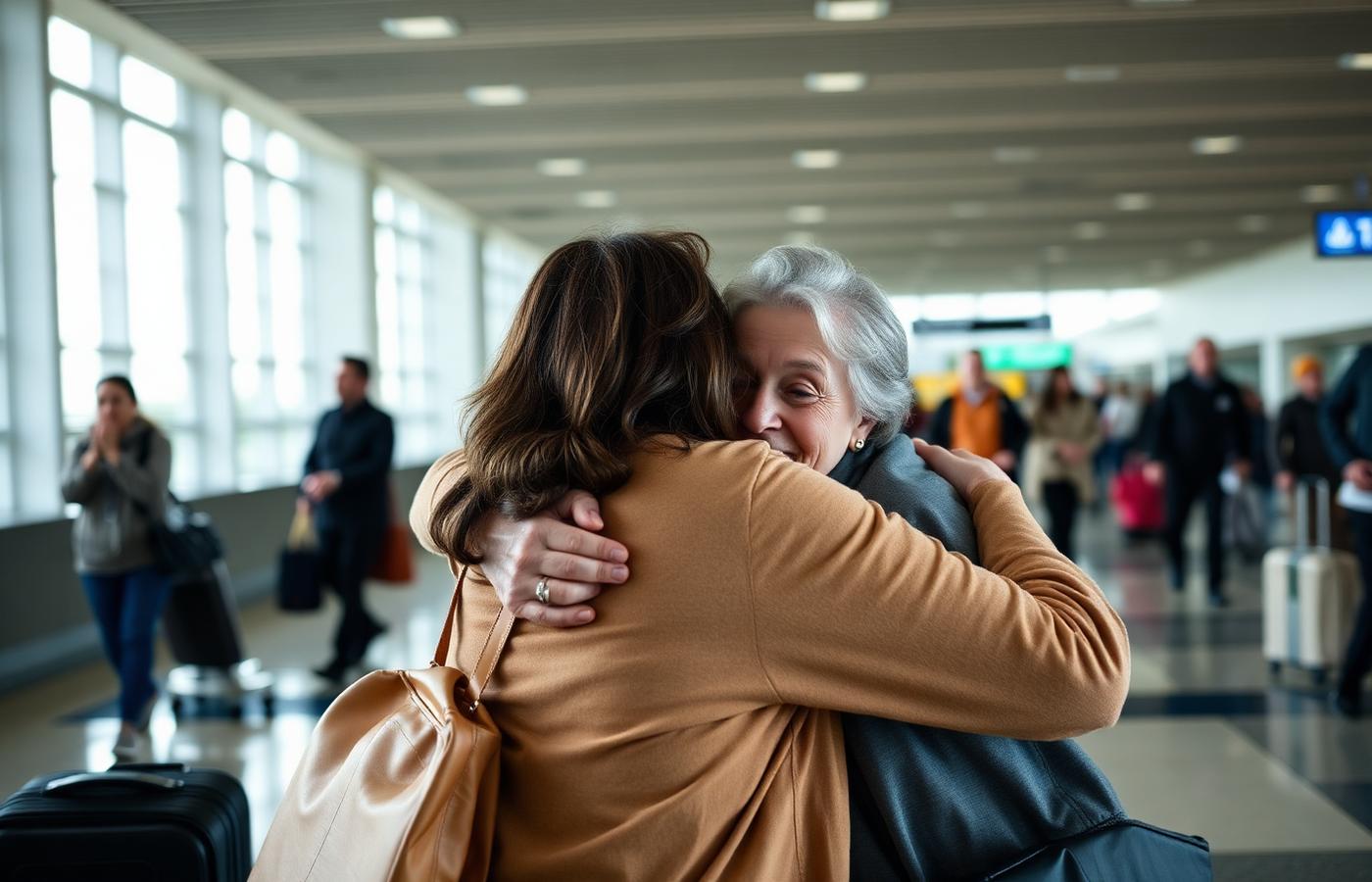Family members embracing at a Canadian airport arrivals hall