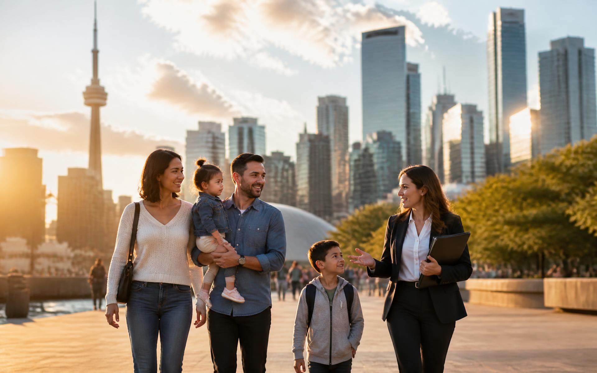 A family walking with an immigration consultant through a sunlit Canadian city plaza