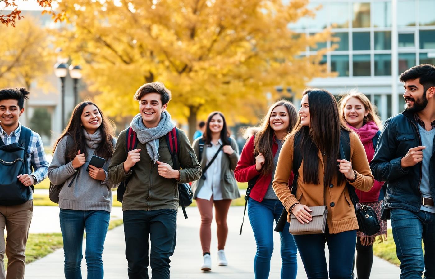 International students walking together across a Canadian campus in autumn
