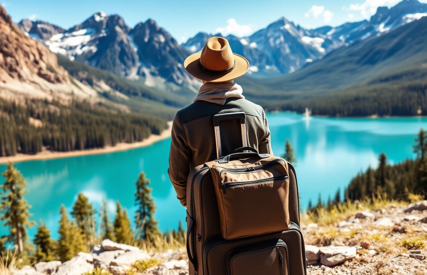 Traveller with a suitcase looking out over a Canadian mountain lake